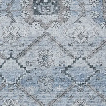 9' X 12' Sky Blue And Denim Blue Floral Washable Indoor Outdoor Area Rug
