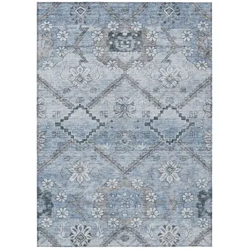 10' X 14' Sky Blue And Denim Blue Floral Washable Indoor Outdoor Area Rug