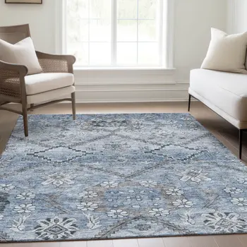10' X 14' Sky Blue And Denim Blue Floral Washable Indoor Outdoor Area Rug