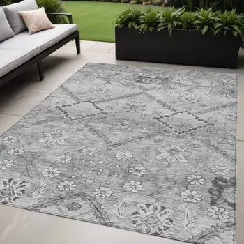 5' X 8' Gray Charcoal And Silver Floral Washable Indoor Outdoor Area Rug