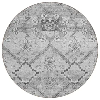8' Gray Charcoal And Silver Round Floral Washable Indoor Outdoor Area Rug