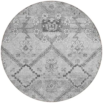 8' Gray Charcoal And Silver Round Floral Washable Indoor Outdoor Area Rug