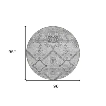 8' Gray Charcoal And Silver Round Floral Washable Indoor Outdoor Area Rug