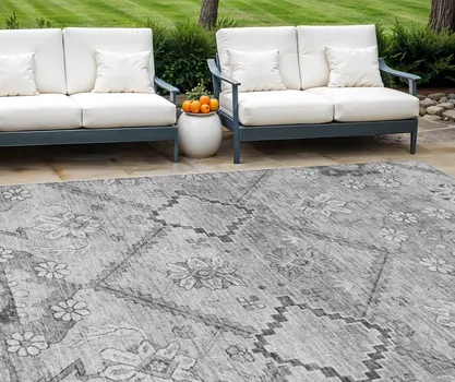 10' X 14' Gray Charcoal And Silver Floral Washable Indoor Outdoor Area Rug