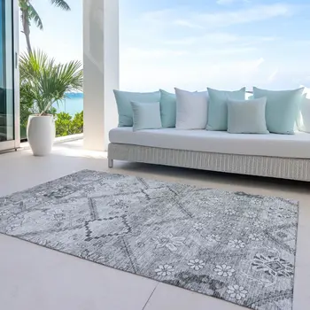 10' X 14' Gray Charcoal And Silver Floral Washable Indoor Outdoor Area Rug