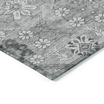 10' X 14' Gray Charcoal And Silver Floral Washable Indoor Outdoor Area Rug