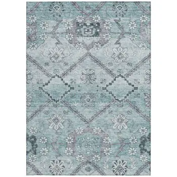 3' X 5' Teal Blue Aqua And Gray Floral Washable Indoor Outdoor Area Rug