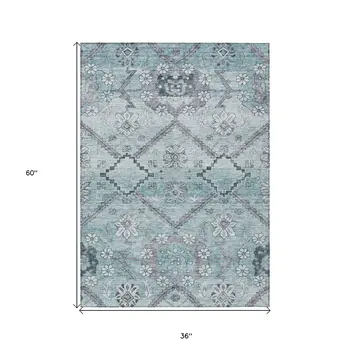 3' X 5' Teal Blue Aqua And Gray Floral Washable Indoor Outdoor Area Rug