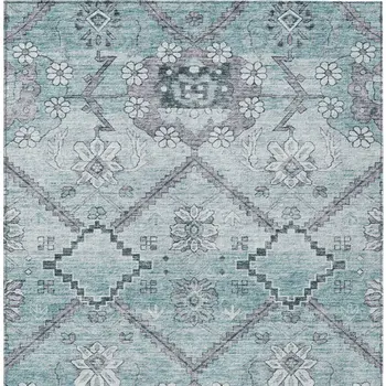 5' X 8' Teal Blue Aqua And Gray Floral Washable Indoor Outdoor Area Rug
