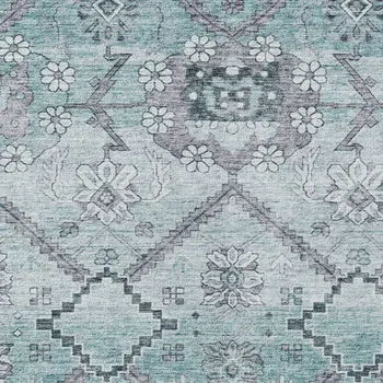 5' X 8' Teal Blue Aqua And Gray Floral Washable Indoor Outdoor Area Rug