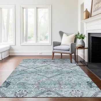 5' X 8' Teal Blue Aqua And Gray Floral Washable Indoor Outdoor Area Rug