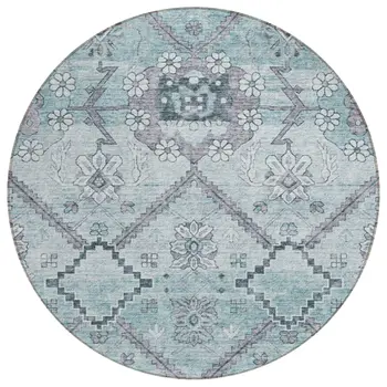 8' Teal Blue Aqua And Gray Round Floral Washable Indoor Outdoor Area Rug