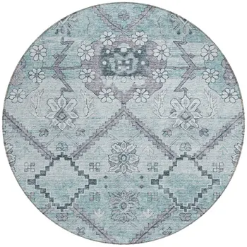 8' Teal Blue Aqua And Gray Round Floral Washable Indoor Outdoor Area Rug