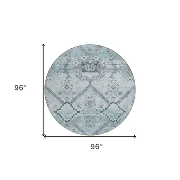 8' Teal Blue Aqua And Gray Round Floral Washable Indoor Outdoor Area Rug
