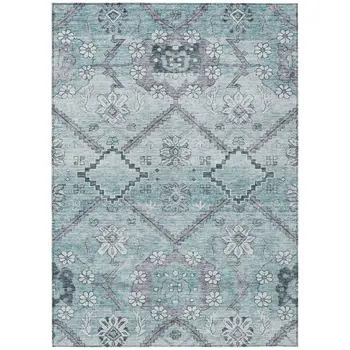 8' X 10' Teal Blue Aqua And Gray Floral Washable Indoor Outdoor Area Rug