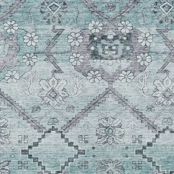 8' X 10' Teal Blue Aqua And Gray Floral Washable Indoor Outdoor Area Rug
