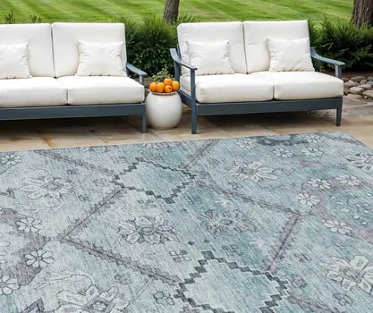 9' X 12' Teal Blue Aqua And Gray Floral Washable Indoor Outdoor Area Rug