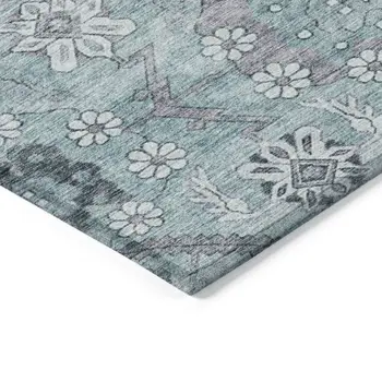 9' X 12' Teal Blue Aqua And Gray Floral Washable Indoor Outdoor Area Rug