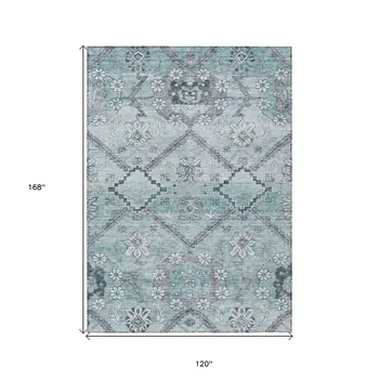 10' X 14' Teal Blue Aqua And Gray Floral Washable Indoor Outdoor Area Rug