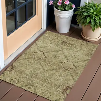 3' X 5' Brown Beige And Artichoke Green Floral Washable Indoor Outdoor Area Rug
