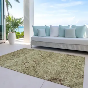 3' X 5' Brown Beige And Artichoke Green Floral Washable Indoor Outdoor Area Rug