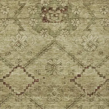 3' X 5' Brown Beige And Artichoke Green Floral Washable Indoor Outdoor Area Rug