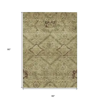 5' X 8' Brown Beige And Artichoke Green Floral Washable Indoor Outdoor Area Rug
