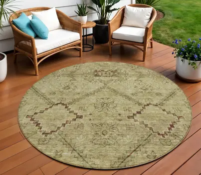 8' Brown Beige And Artichoke Green Round Floral Washable Indoor Outdoor Area Rug