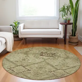 8' Brown Beige And Artichoke Green Round Floral Washable Indoor Outdoor Area Rug