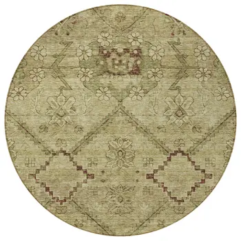 8' Brown Beige And Artichoke Green Round Floral Washable Indoor Outdoor Area Rug
