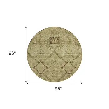 8' Brown Beige And Artichoke Green Round Floral Washable Indoor Outdoor Area Rug