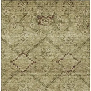 8' X 10' Brown Beige And Artichoke Green Floral Washable Indoor Outdoor Area Rug