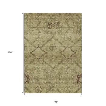 8' X 10' Brown Beige And Artichoke Green Floral Washable Indoor Outdoor Area Rug