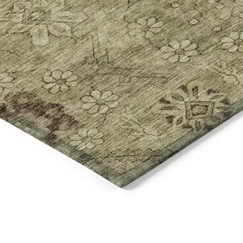 8' X 10' Brown Beige And Artichoke Green Floral Washable Indoor Outdoor Area Rug
