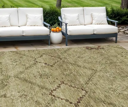 10' X 14' Brown Beige And Artichoke Green Floral Washable Indoor Outdoor Area Rug