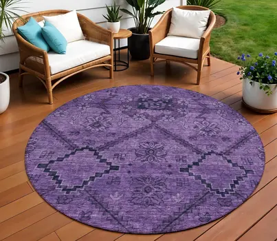 8' Eggplant Purple And Plum Round Floral Washable Indoor Outdoor Area Rug