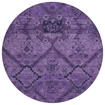 8' Eggplant Purple And Plum Round Floral Washable Indoor Outdoor Area Rug