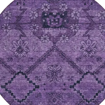 8' Eggplant Purple And Plum Round Floral Washable Indoor Outdoor Area Rug