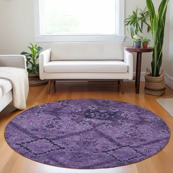 8' Eggplant Purple And Plum Round Floral Washable Indoor Outdoor Area Rug