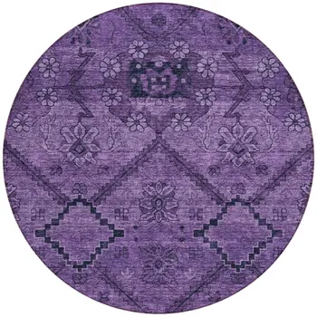 8' Eggplant Purple And Plum Round Floral Washable Indoor Outdoor Area Rug