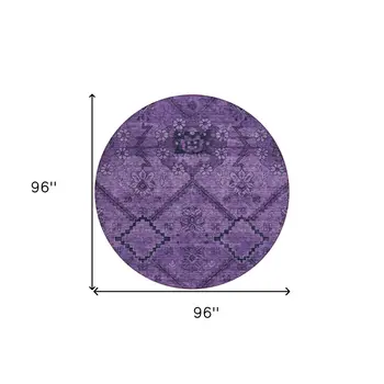 8' Eggplant Purple And Plum Round Floral Washable Indoor Outdoor Area Rug