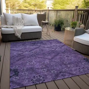 9' X 12' Eggplant Purple And Plum Floral Washable Indoor Outdoor Area Rug