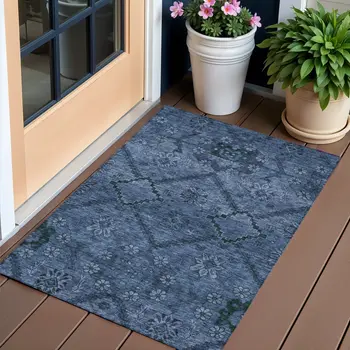 3' X 5' Navy Blue And Denim Blue Floral Washable Indoor Outdoor Area Rug