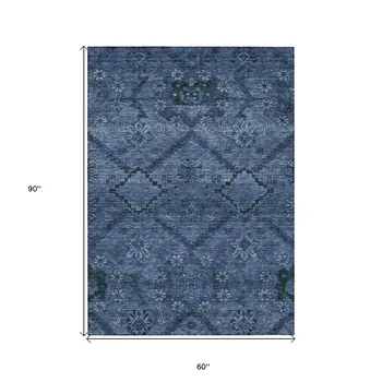 5' X 8' Navy Blue And Denim Blue Floral Washable Indoor Outdoor Area Rug