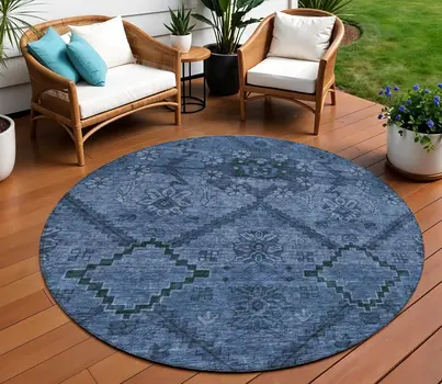 8' Navy Blue And Denim Blue Round Floral Washable Indoor Outdoor Area Rug