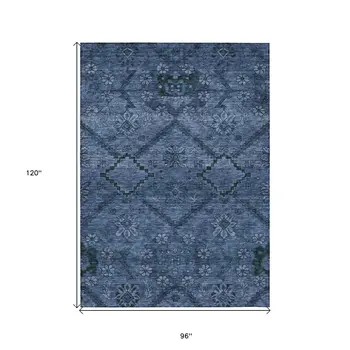 8' X 10' Navy Blue And Denim Blue Floral Washable Indoor Outdoor Area Rug