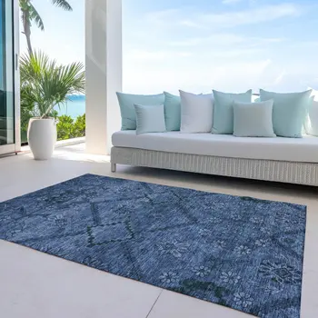 8' X 10' Navy Blue And Denim Blue Floral Washable Indoor Outdoor Area Rug