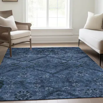 8' X 10' Navy Blue And Denim Blue Floral Washable Indoor Outdoor Area Rug