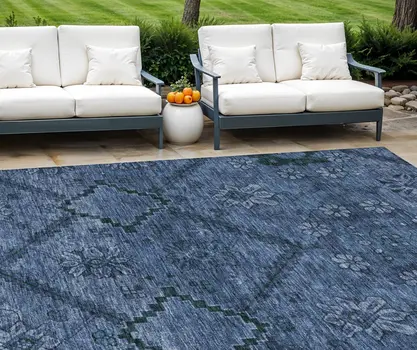 9' X 12' Navy Blue And Denim Blue Floral Washable Indoor Outdoor Area Rug
