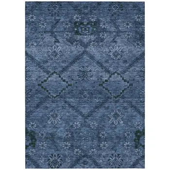 9' X 12' Navy Blue And Denim Blue Floral Washable Indoor Outdoor Area Rug